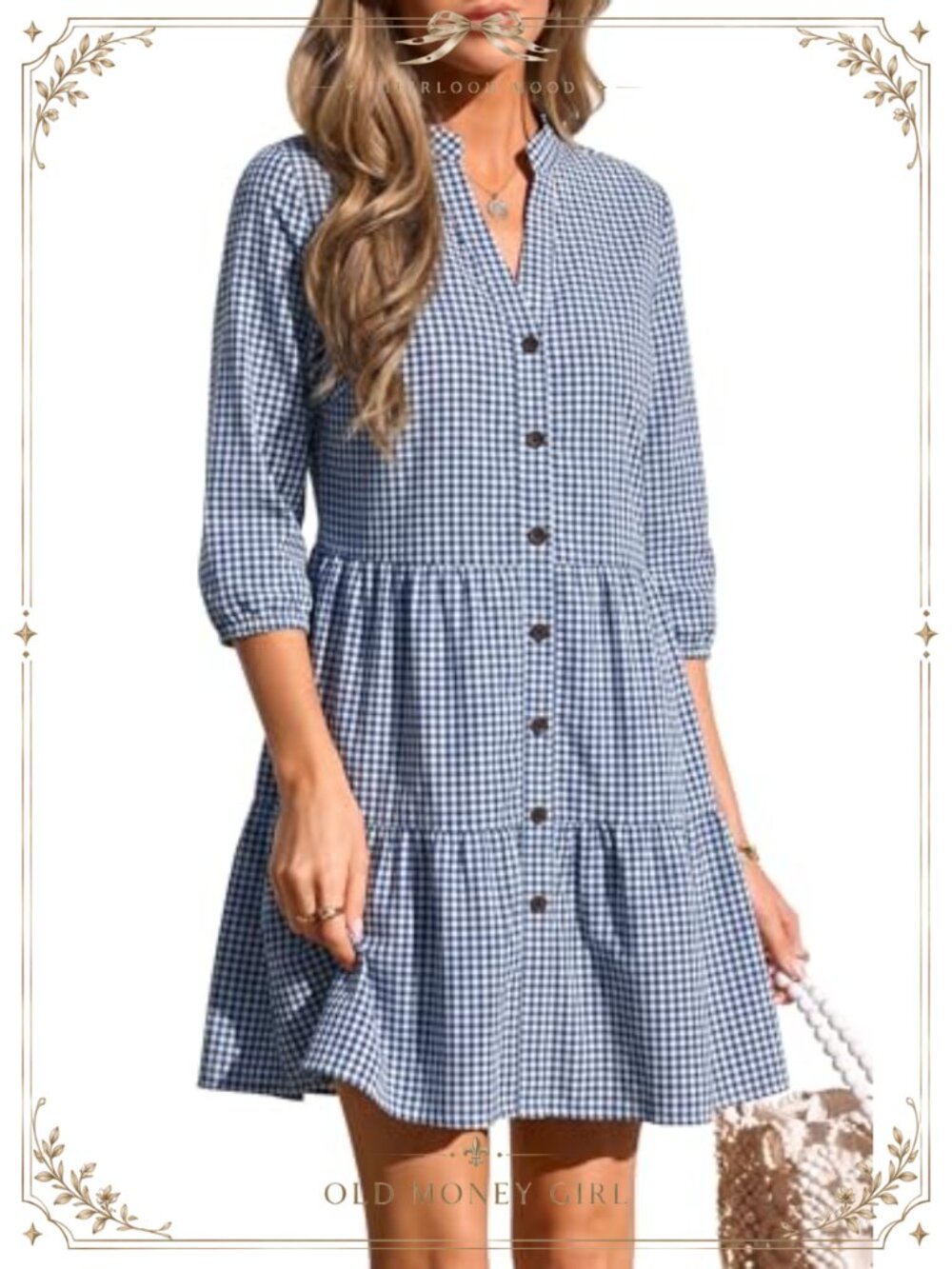 Womens Casual V Neck Gingham Plaid Button Down Shirt Dress 3/4 Sleeve Mini